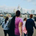 a group of people walking on a bridge